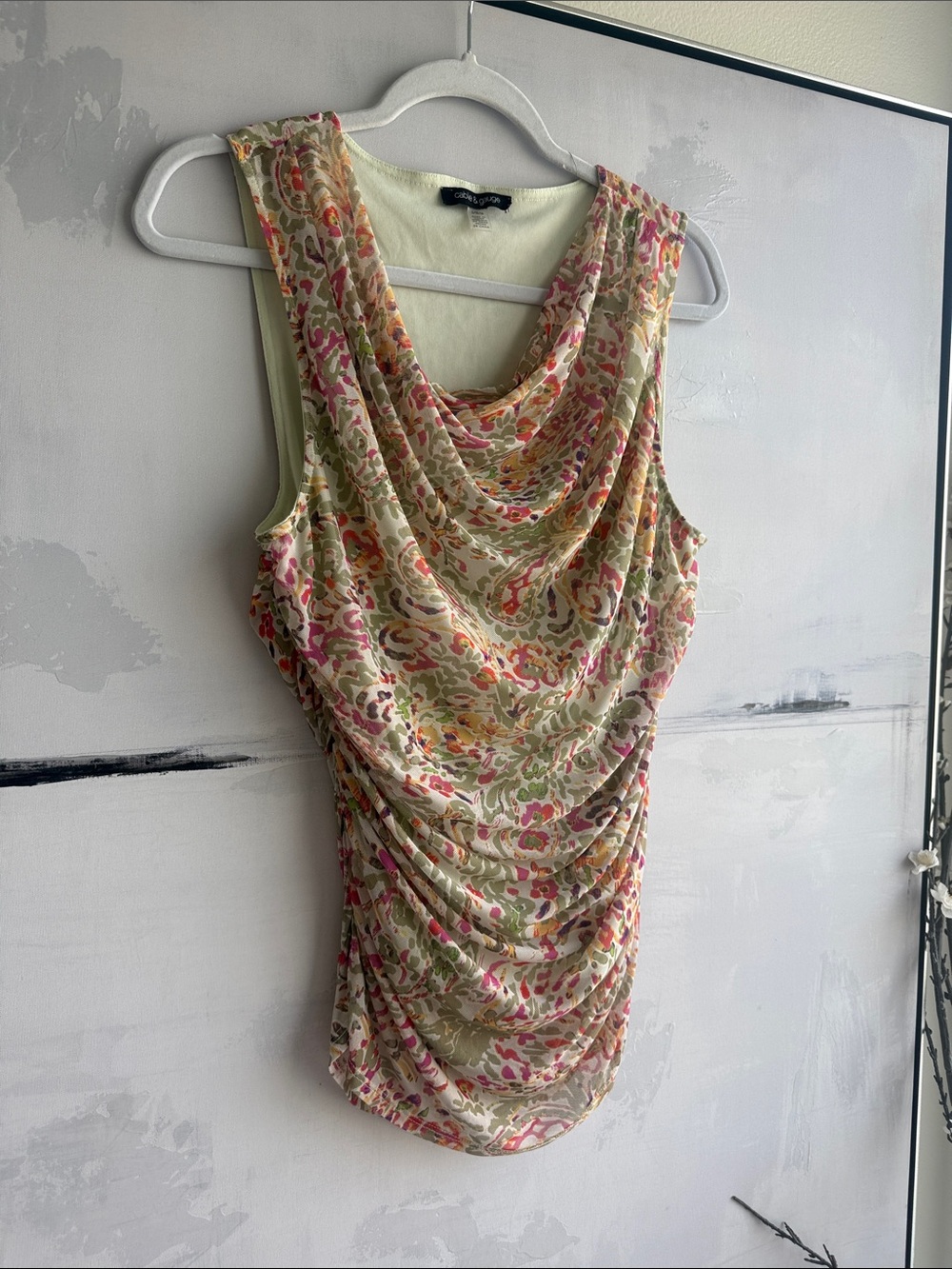 Cable & Gauge Floral Draped Cowl Neck Tank - Cream, Pink, Green